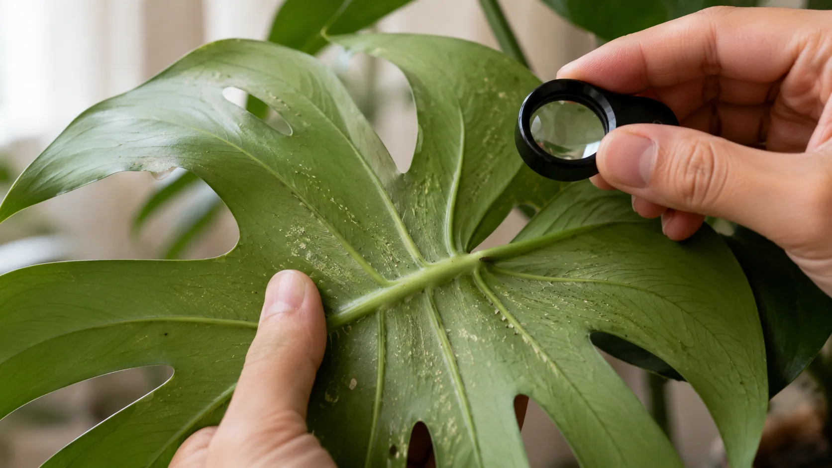 A Monstera leaf underside being inspected with a magnifying loupe for subtle feeding damage