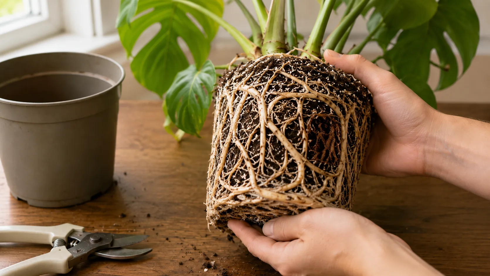 Monstera root ball being inspected after persistent yellow leaves and wet soil