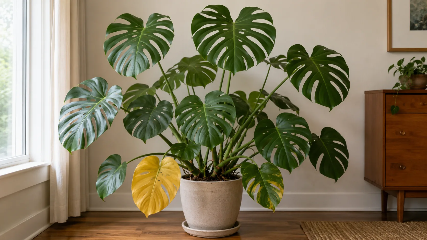 Monstera with yellow lower leaves ready for an online plant health diagnosis